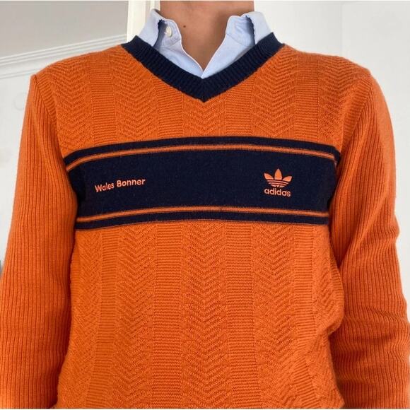 Adidas X Wales Bonner Men's Wool Knit Long Sleeve Shirt V-neck in Orange Size M - Picture 5 of 12